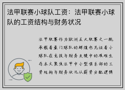 法甲联赛小球队工资：法甲联赛小球队的工资结构与财务状况